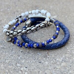 Alex and Ani Blue, Silver, & White Braided & Beaded Bracelets -Stack of 3